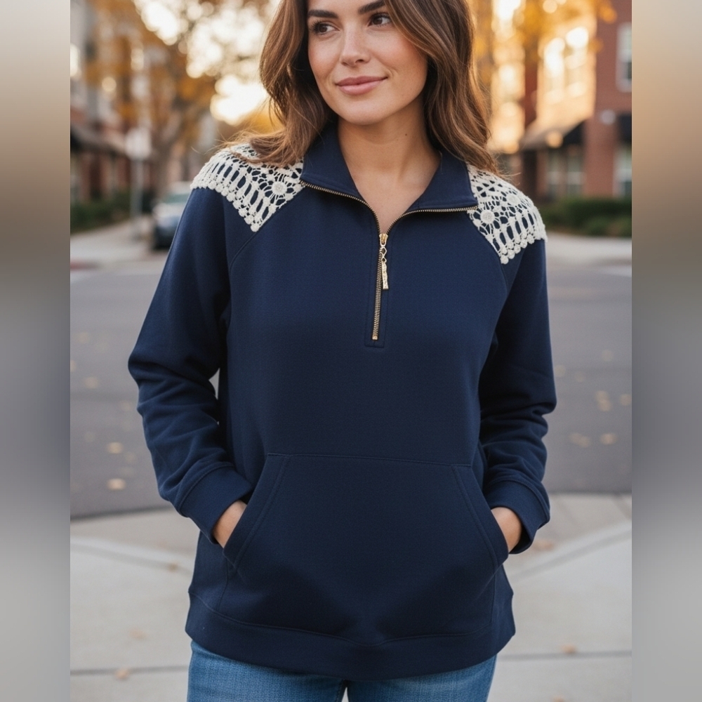 Lilly Pulitzer - Navy Blue Pullover Warm-up Jacket  Laced Shoulders , 1/2 Zipper